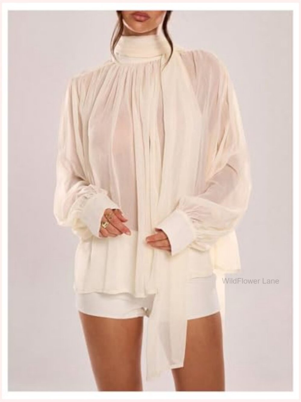 Women's Sheer Chiffon Blouse Lantern Long Sleeve Oversized Top with Scarf - Picture 4 of 6
